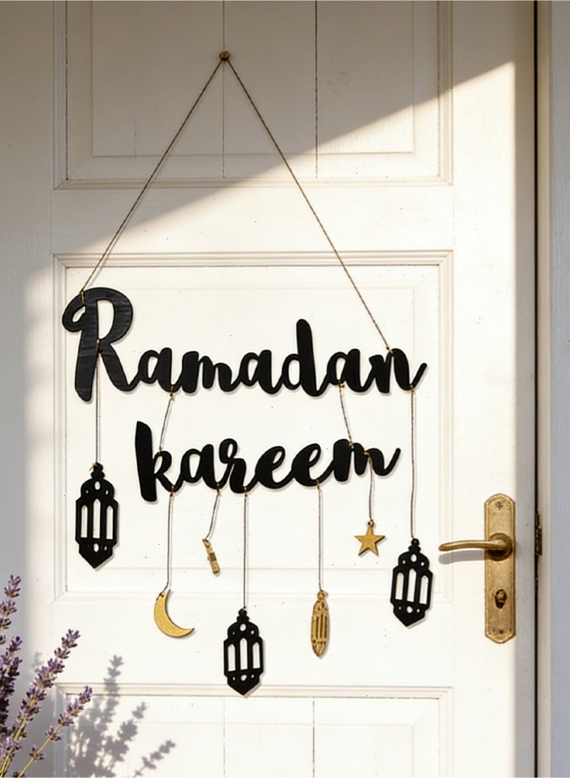 Ramadan Decorations for Home, Wooden Hanging Ramadan Kareem Pendant, Moon & Star Lantern Ornament for Eid Ramadan Party Supplies - Image 2
